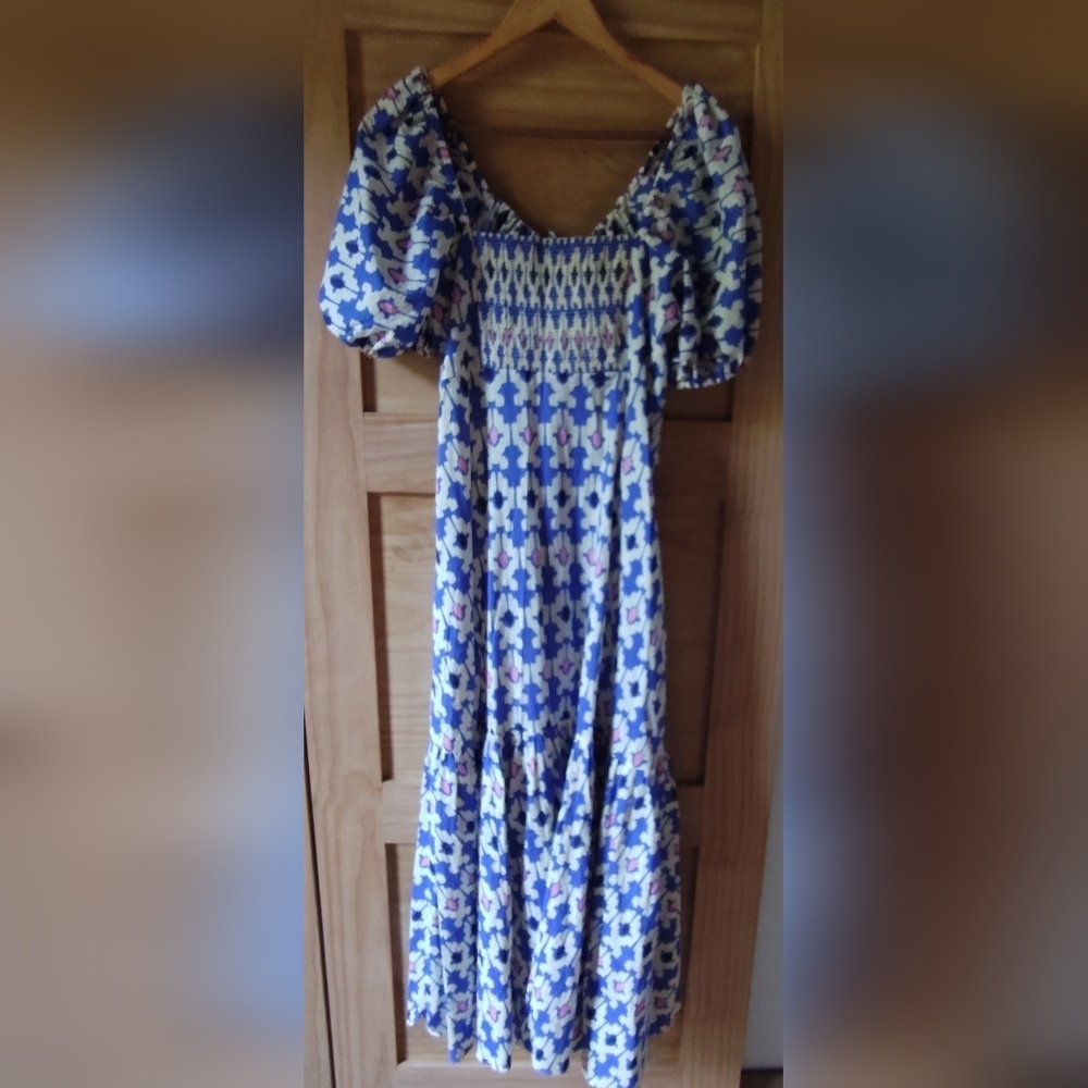 Zara Women's Geometric Pattern Maxi Dress | Blue Cream Pink | Size Medium - Picture 3 of 8